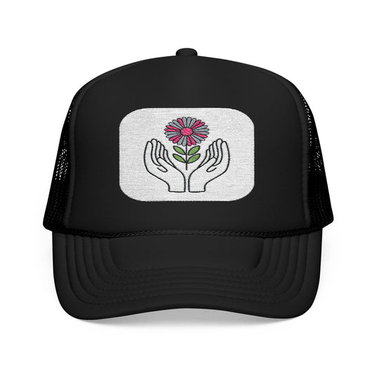 Hand-Embroidered Flower Foam Trucker Hat, Casual Outdoors Cap, Perfect for Garden Lovers, Eco-Friendly Gift, Everyday Fashion