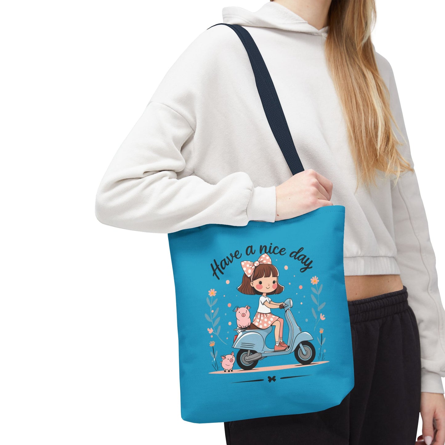 Playful Reminder Tote Bag, Girl on Scooter Bag, Cute AOP Tote, Everyday Use Bag, Gift for Kids, Fun Summer Accessory
