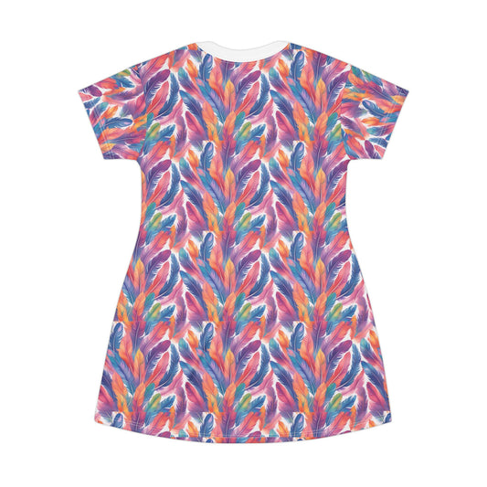 Colorful Feather T-Shirt Dress - Boho Style for Summer Fun