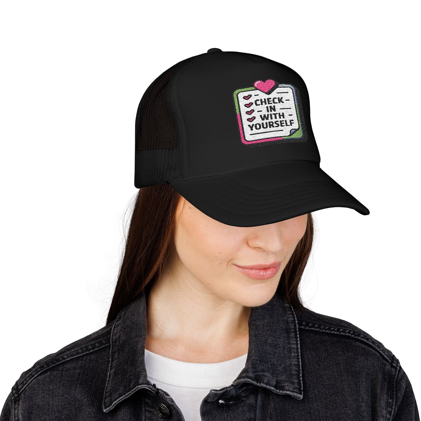 Check-In Yourself Foam Trucker Hat, Embroidered Hat, Inspirational Gift, Self-Care Hat, Mental Health Awareness, Casual Fashion
